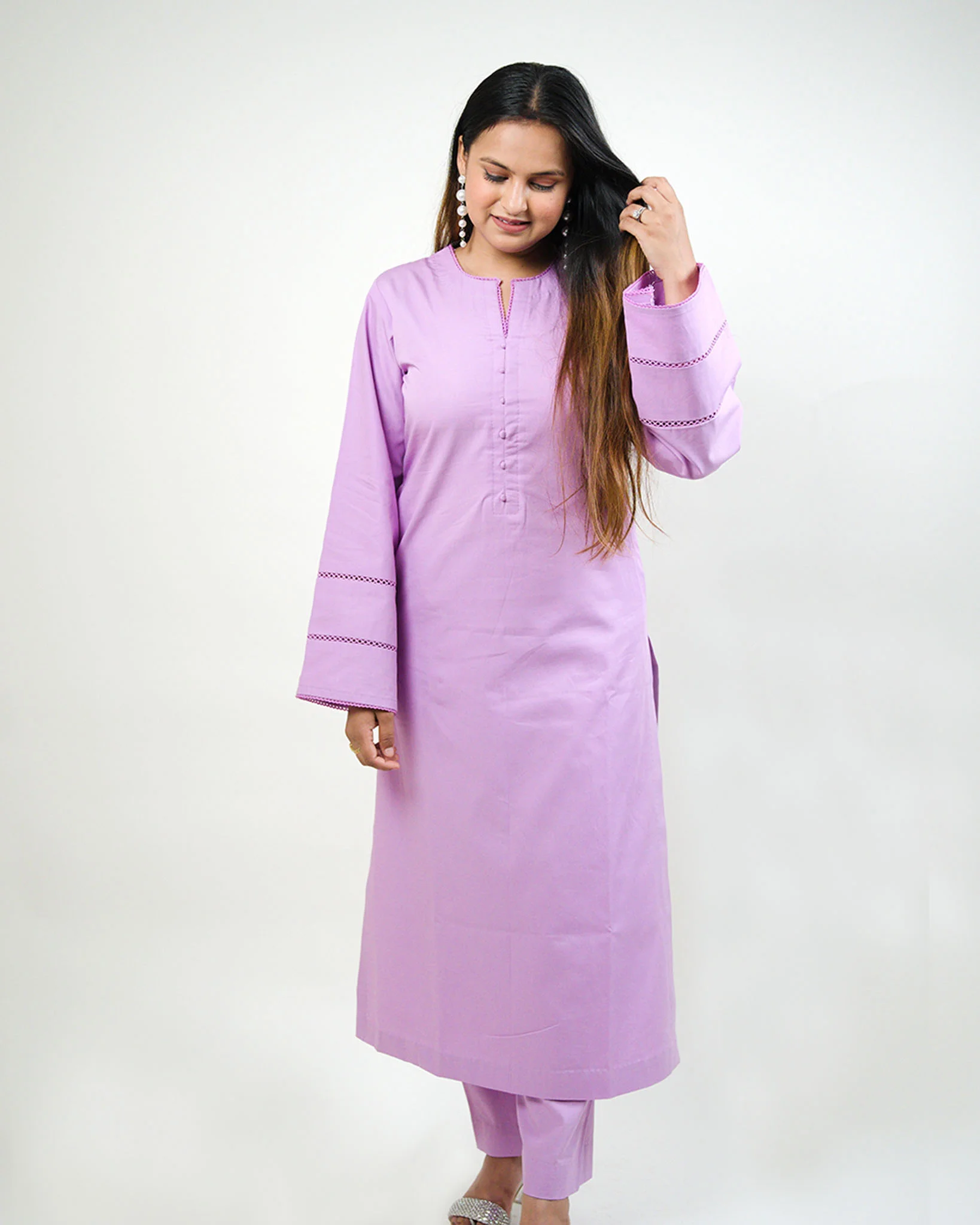 Lavender Blush Cotton Kurta with Pants - Set of 2 - Image 4