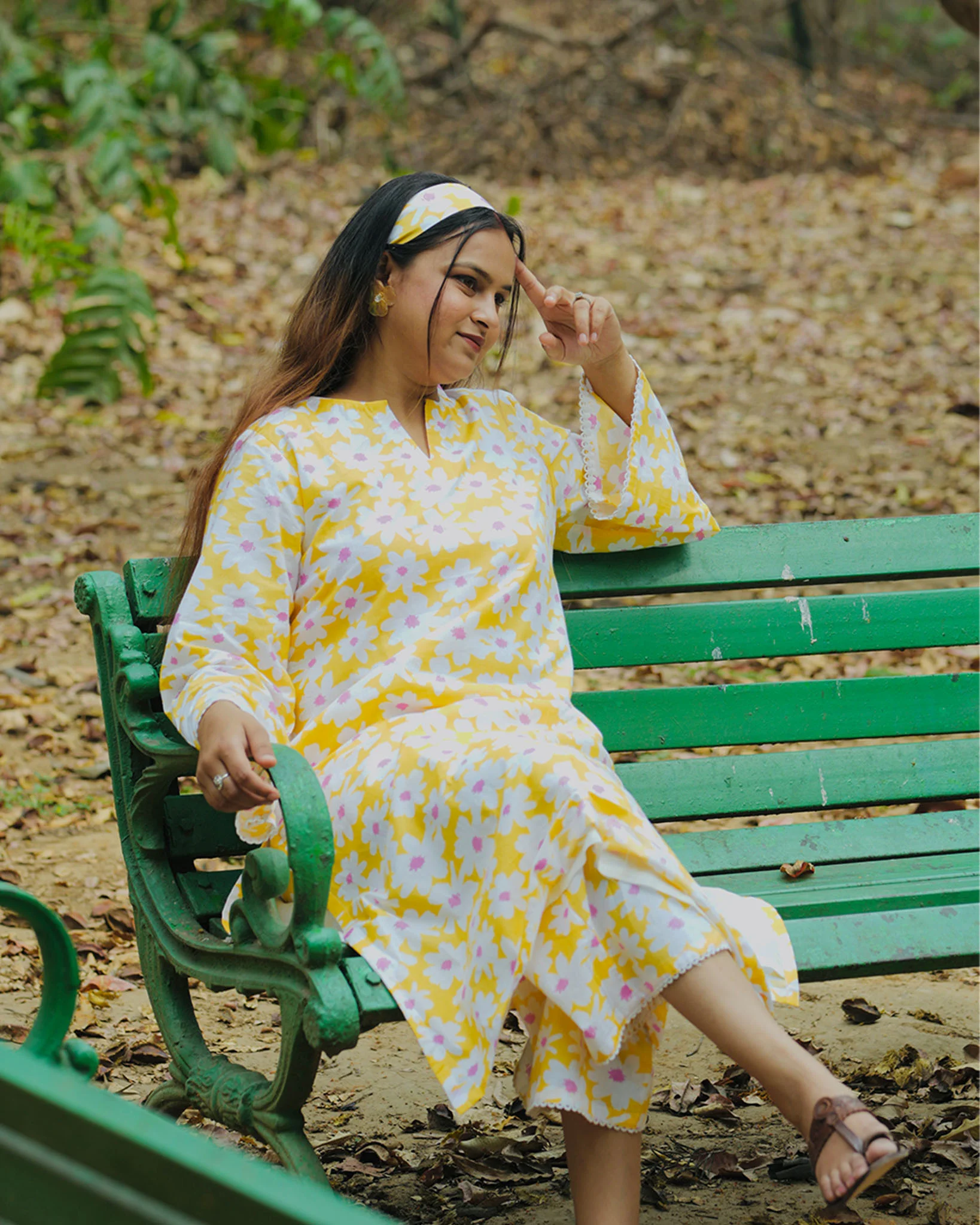 Yellow Daisy Cotton Kurta with Pants - Set of 2 - Image 6