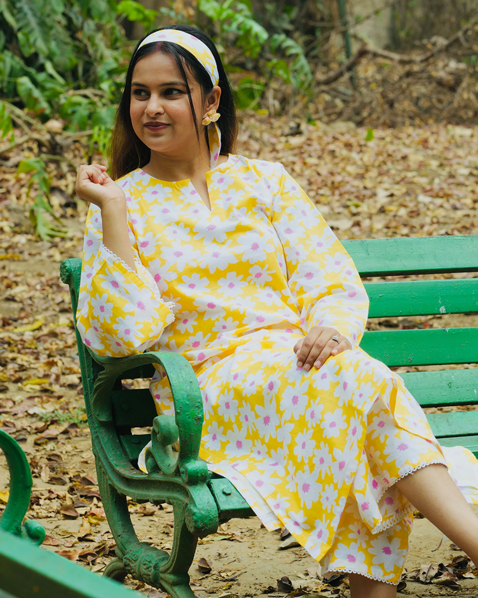 Yellow Daisy Cotton Kurta with Pants - Set of 2 - Image 5