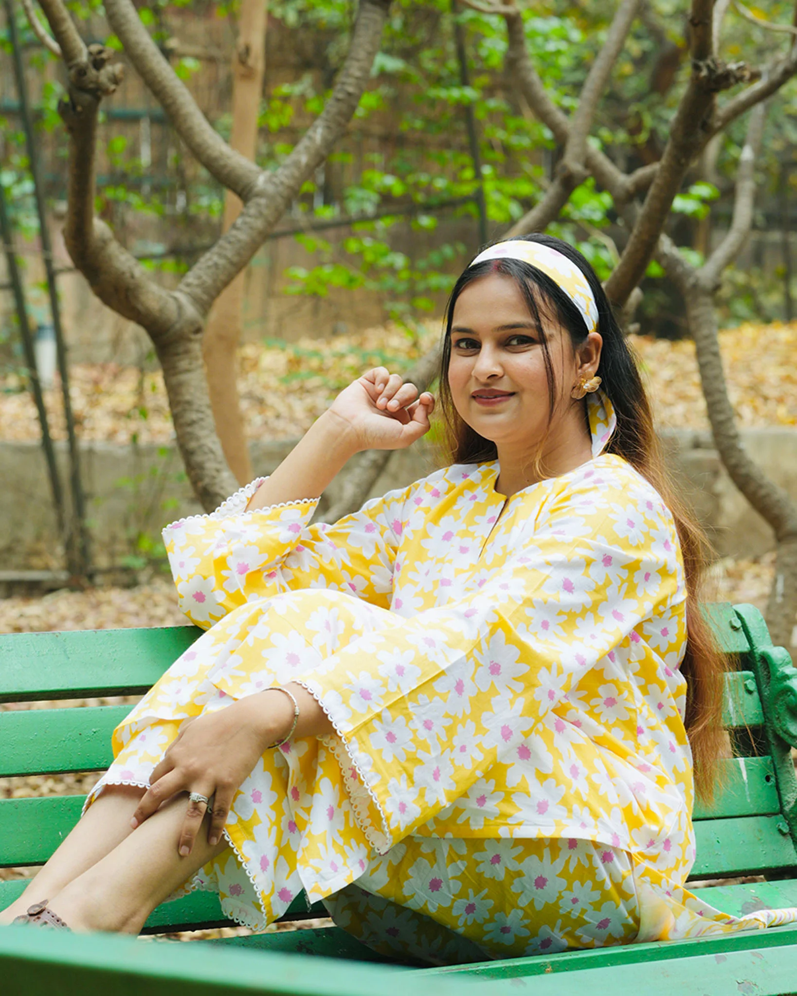 Yellow Daisy Cotton Kurta with Pants - Set of 2 - Image 4