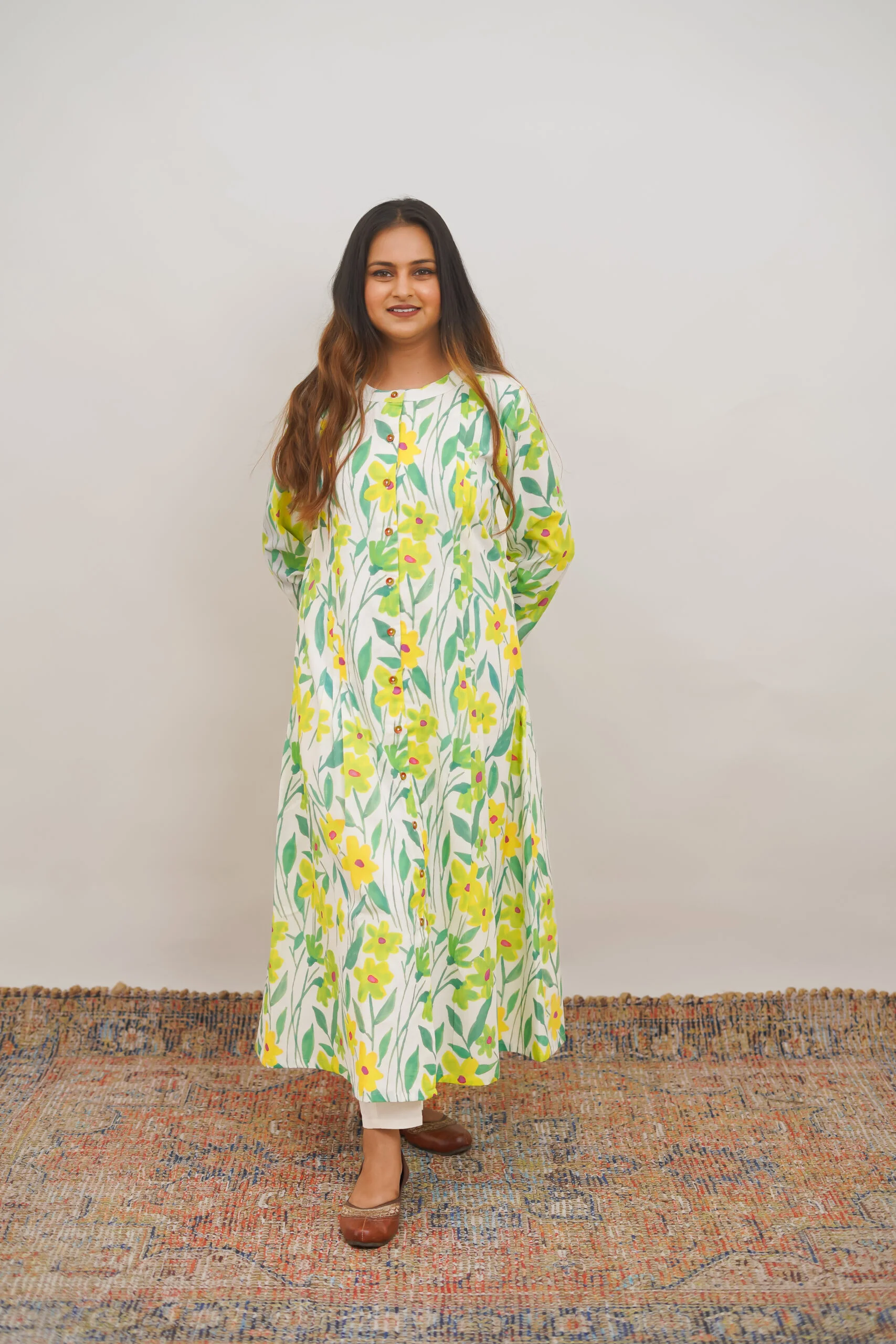 Spring Flora Front Open Cotton Kurta with Pants - Set of 2