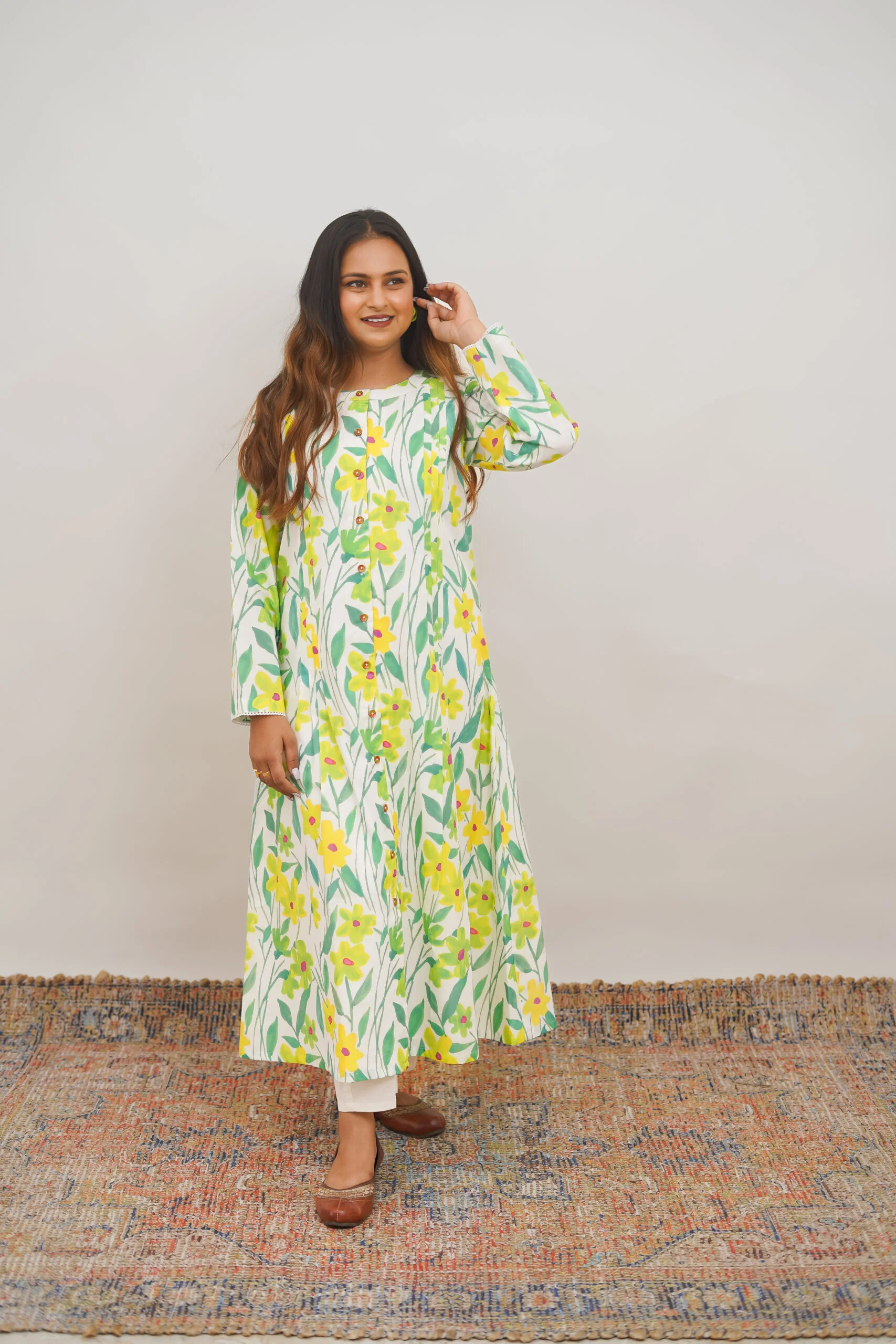 Spring Flora Front Open Cotton Kurta with Pants - Set of 2 - Image 2