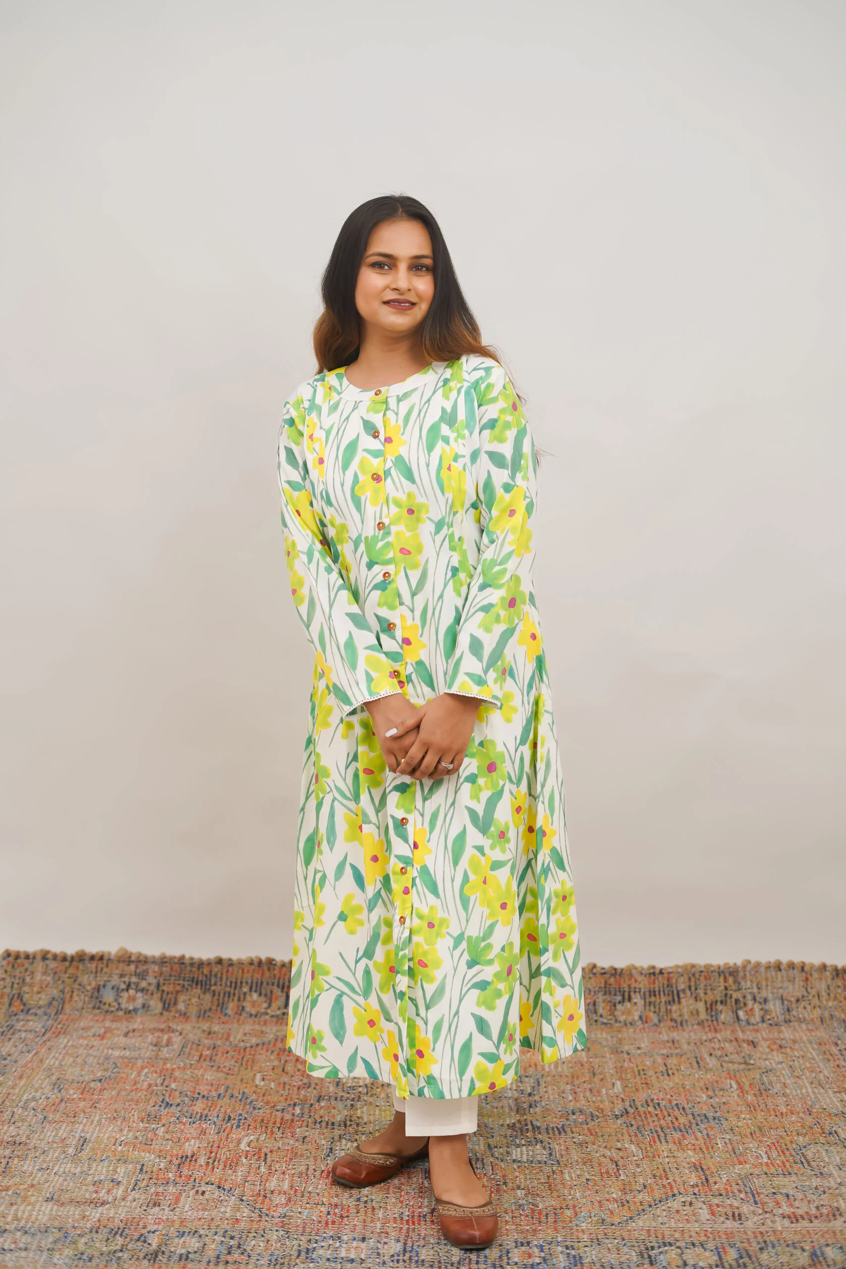 Spring Flora Front Open Cotton Kurta with Pants - Set of 2 - Image 3