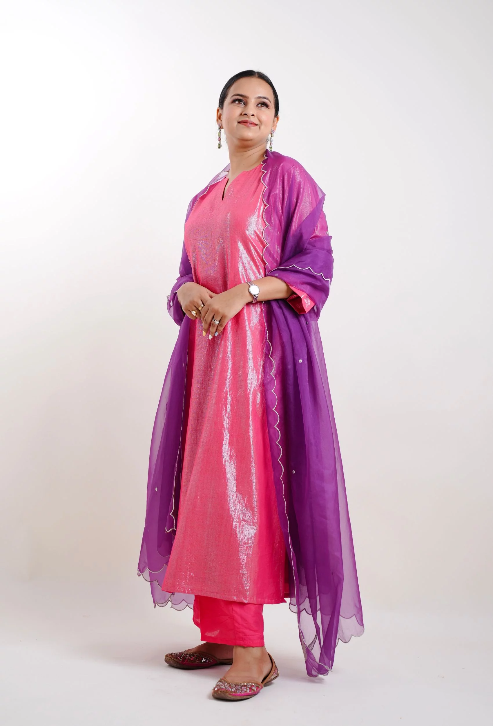 Electric Pink Kurta With Pants And Dupatta (Set Of 3)