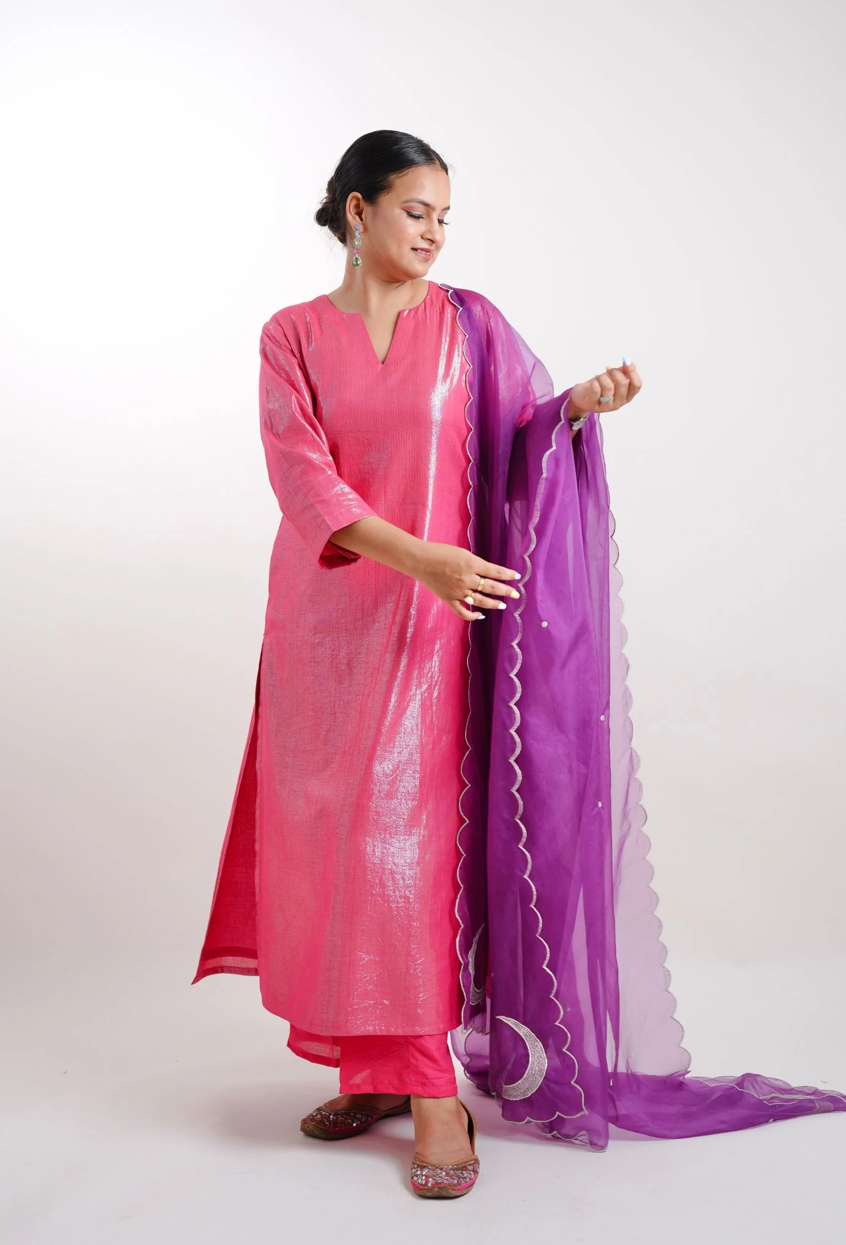 Electric Pink Kurta With Pants And Dupatta (Set Of 3) - Image 4