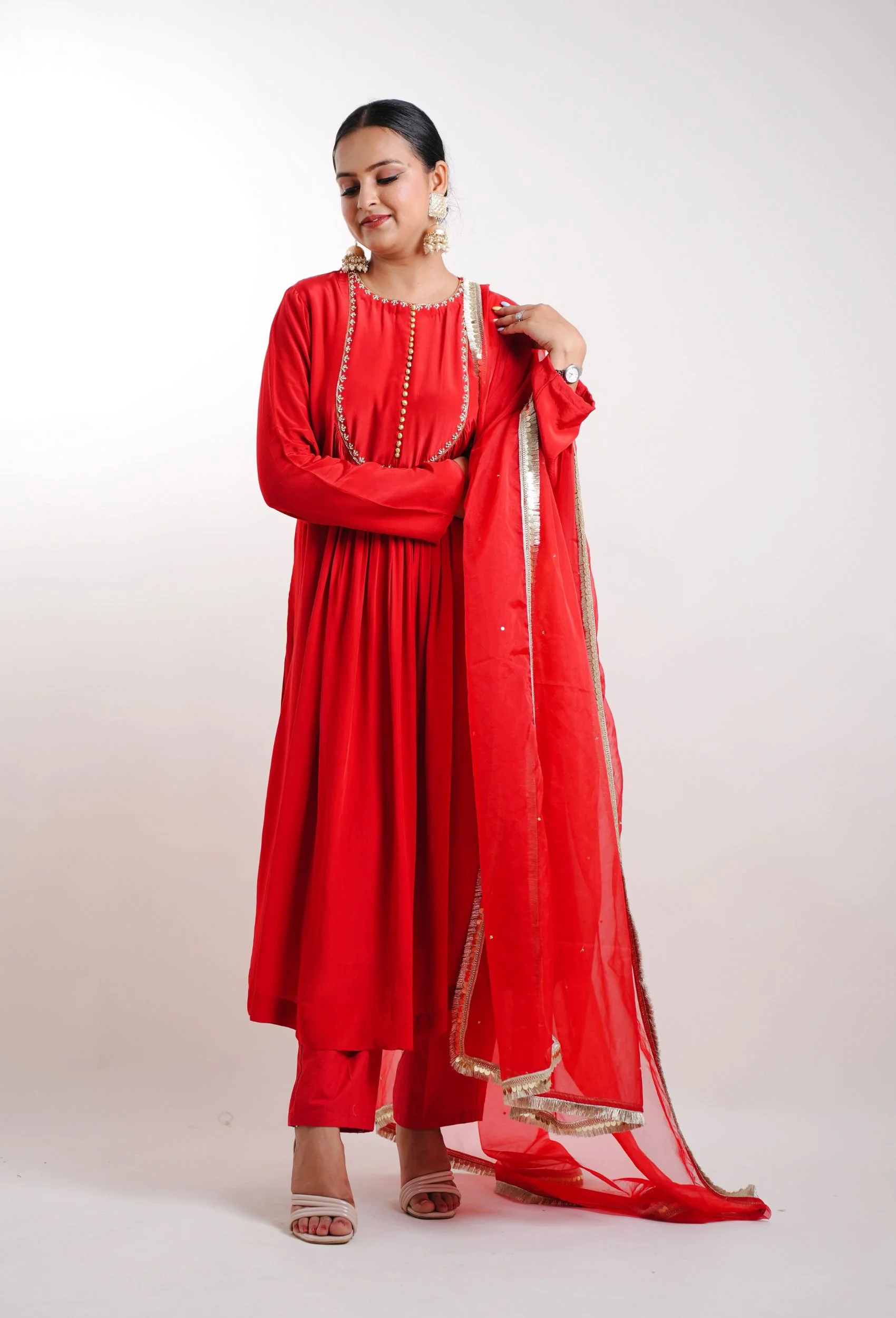 Ruby Red Kurta With Pants And Dupatta (Set Of 3) - Image 5