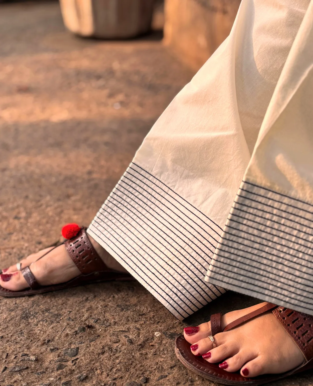 Pakistani Farshi Salwar in Off-White with Intricate Black Pauncha Detailing - Image 2
