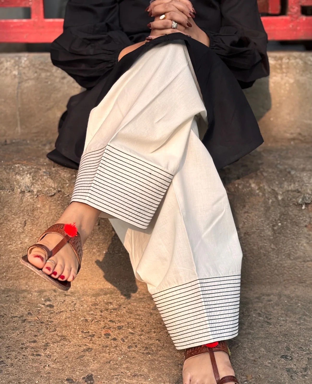 Pakistani Farshi Salwar in Off-White with Intricate Black Pauncha Detailing - Image 3