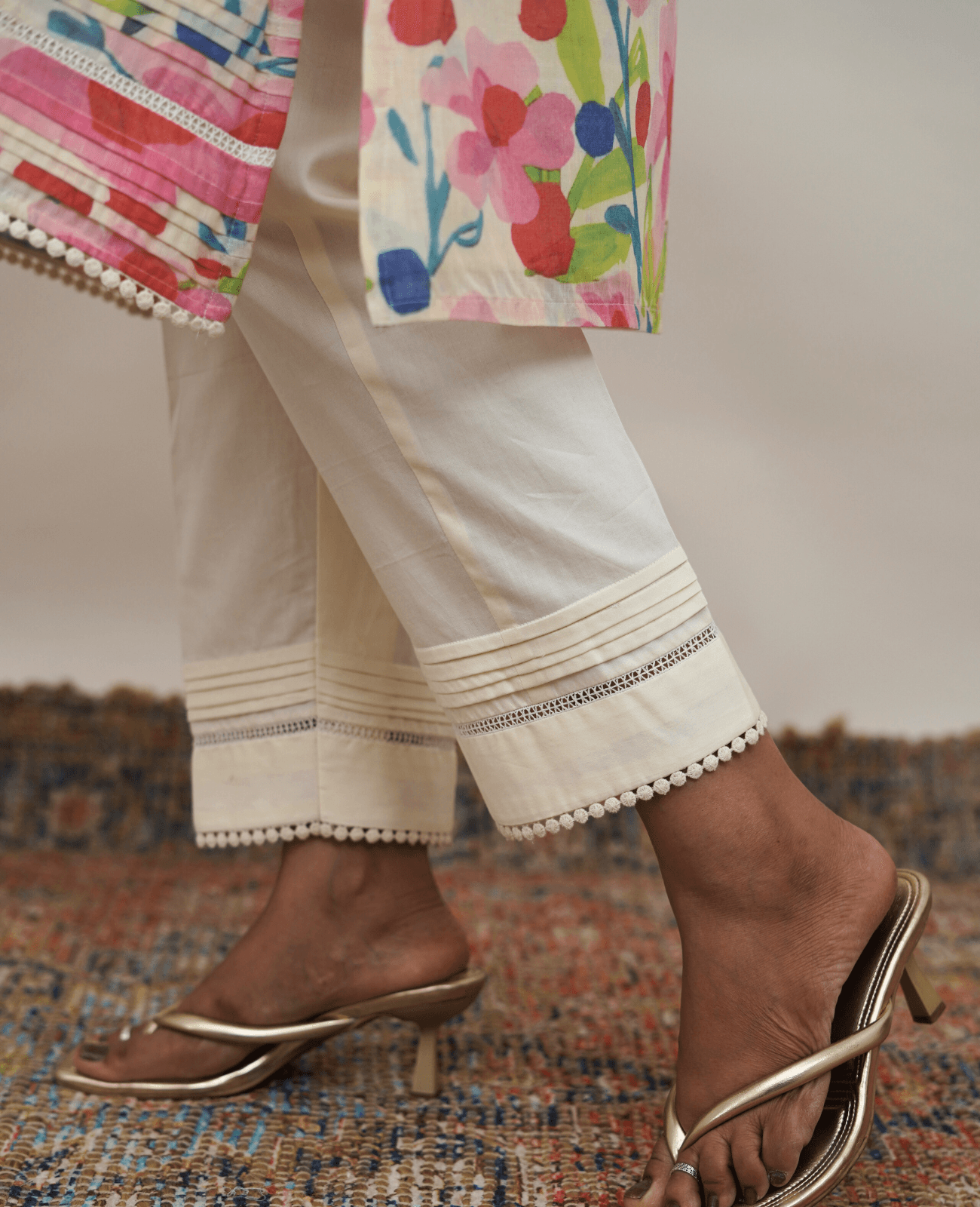 Cream Glow Pleated Cotton Satin Everyday Pants